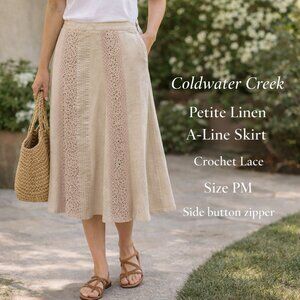 Coldwater Creek Beige Linen A-Line Skirt with Crochet Lace